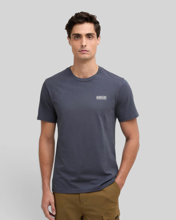 Baffle Haus storm grey cotton crew neck t-shirt with small chest logo worn by a man against a neutral background