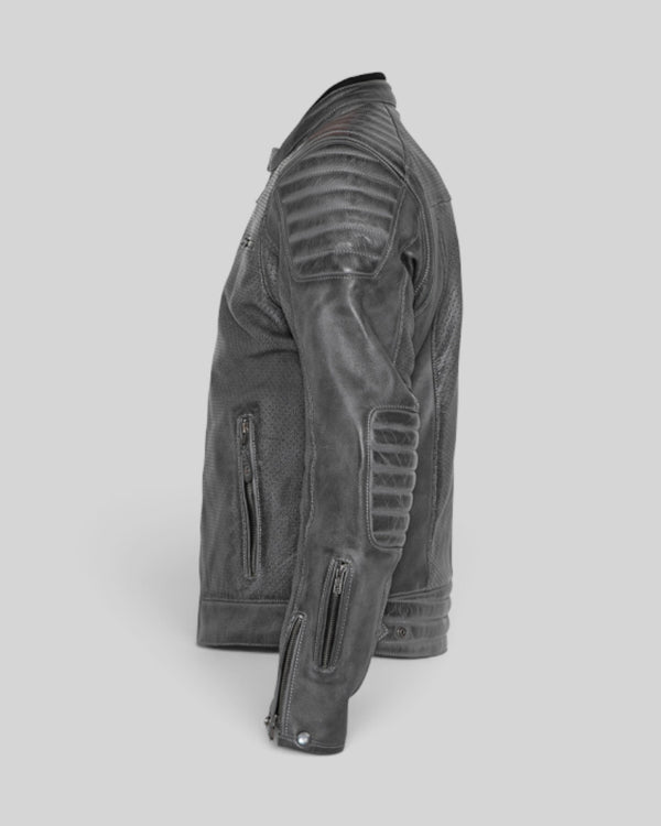 Baffle Haus Storm grey perforated leather motorcycle jacket with padded shoulder and elbow details, side view.