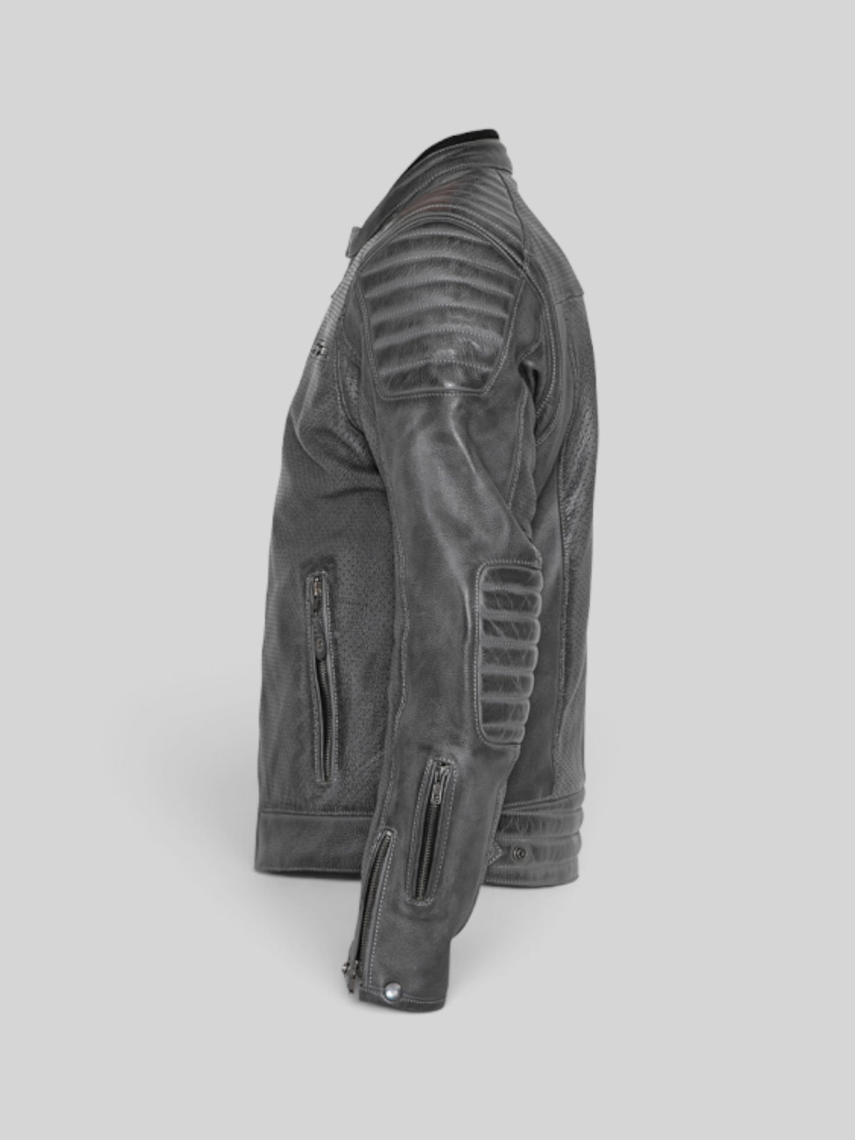 Baffle Haus Storm grey perforated leather motorcycle jacket with padded shoulder and elbow details, side view.