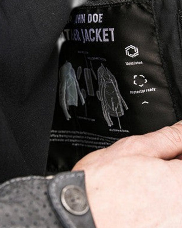 Baffle Haus Storm leather jacket interior lining showing protector pockets and ventilation details