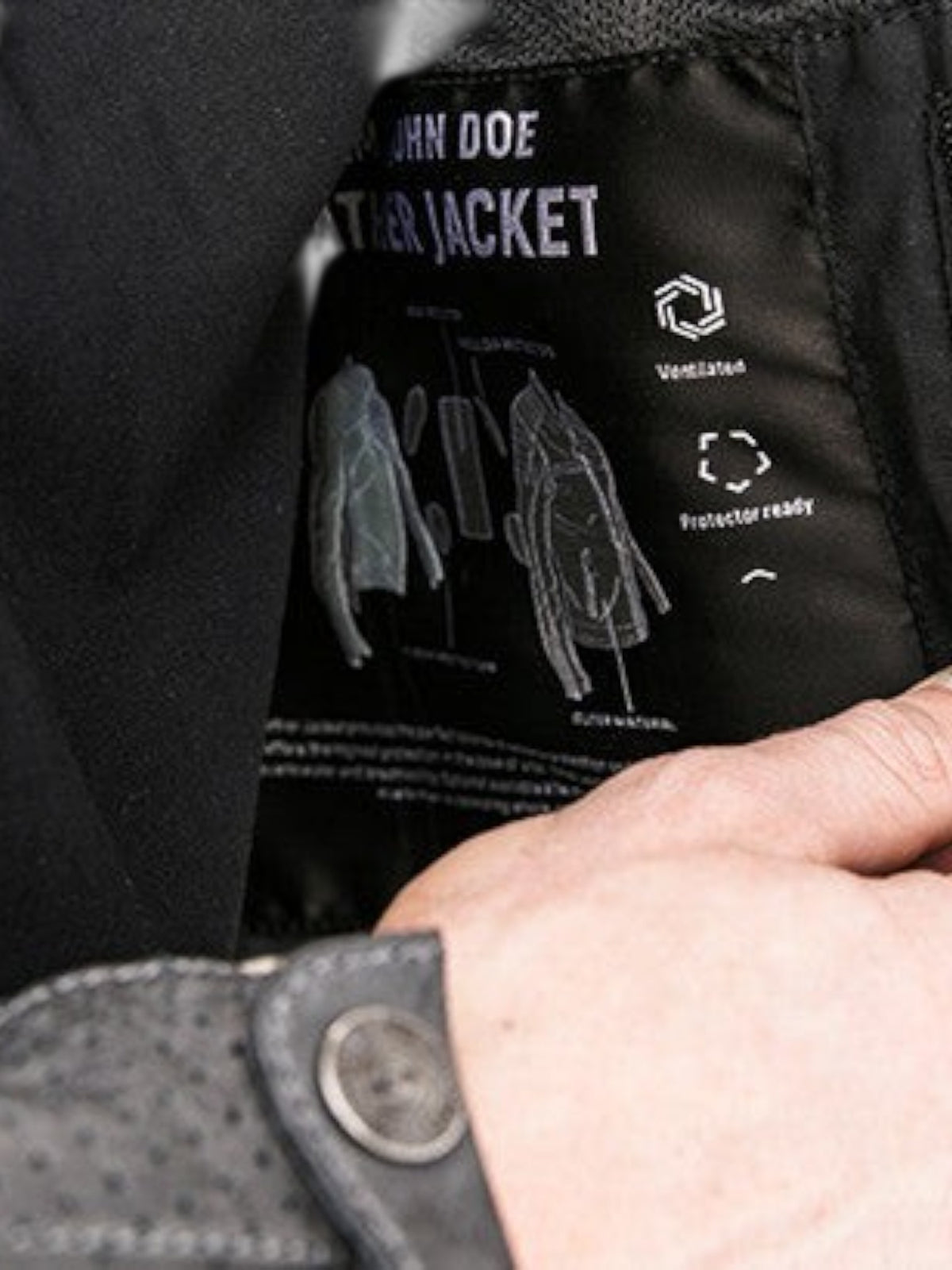 Baffle Haus Storm leather jacket interior lining showing protector pockets and ventilation details