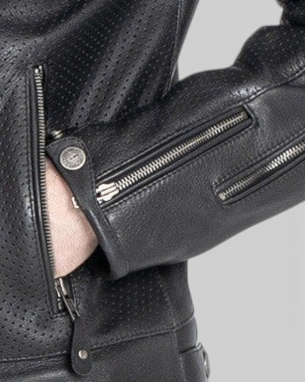 Baffle Haus Storm black perforated leather motorcycle jacket with YKK zippered cuffs and side pockets