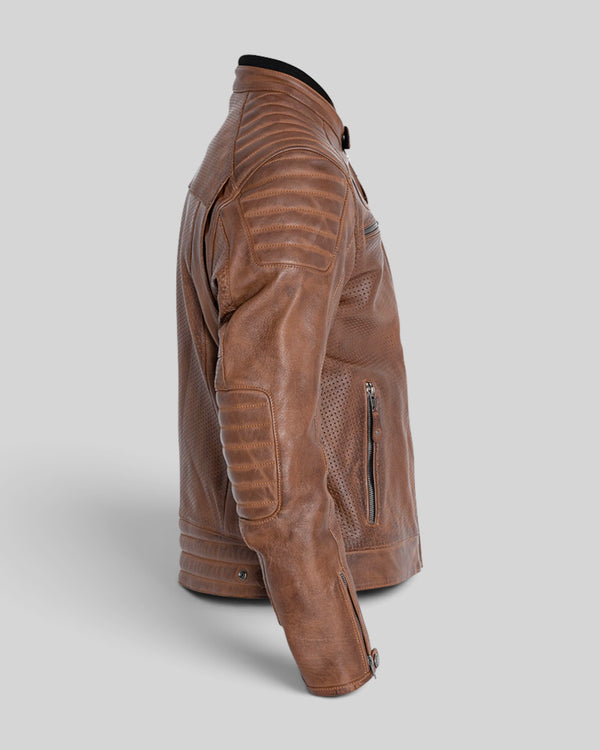 Baffle Haus Storm tobacco perforated leather motorcycle jacket with padded shoulders and elbows, side view.