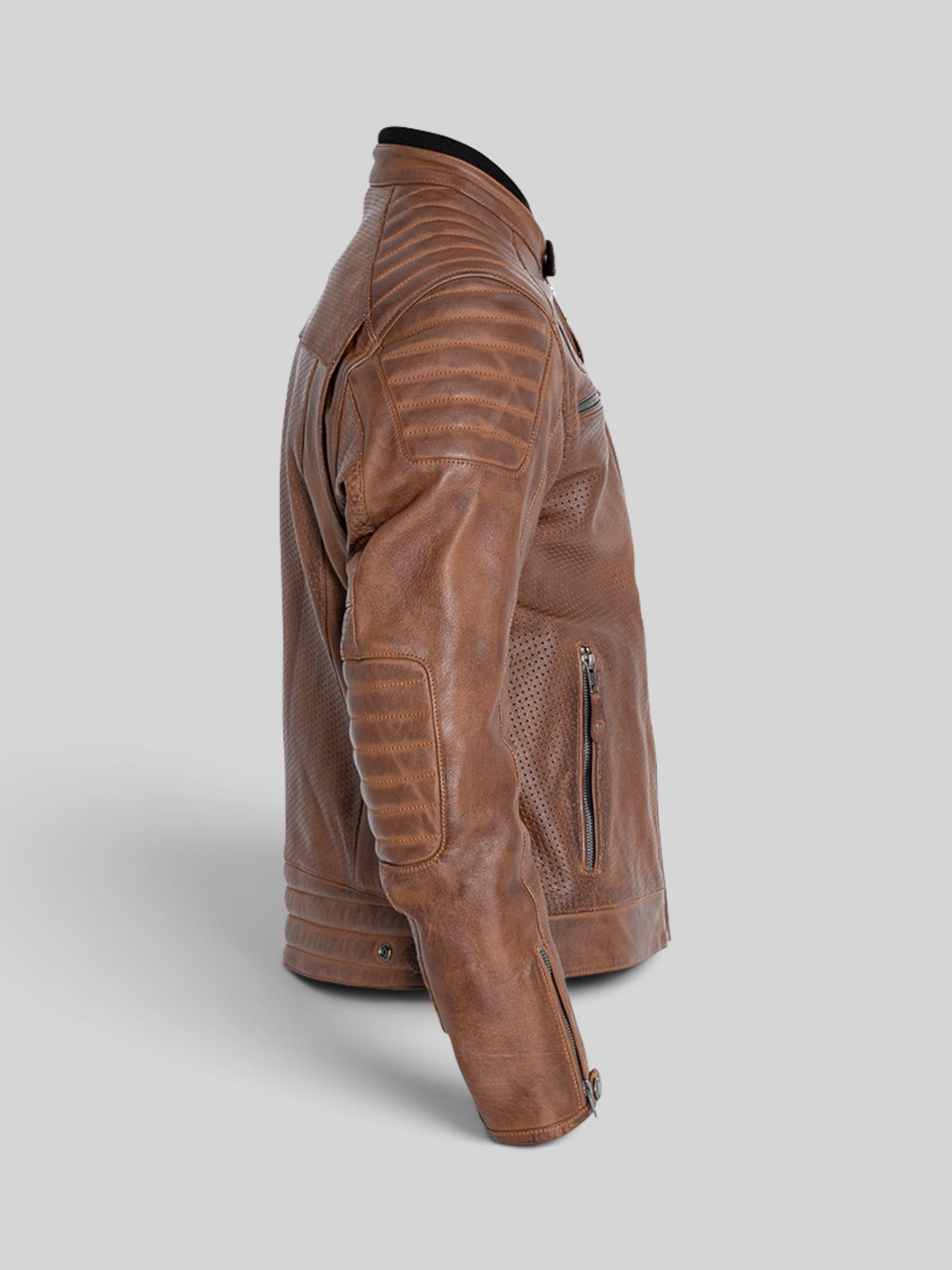 Baffle Haus Storm tobacco perforated leather motorcycle jacket with padded shoulders and elbows, side view.
