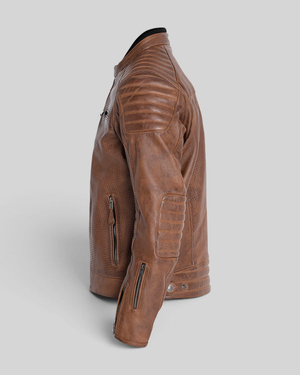 Baffle Haus Storm perforated tobacco leather motorcycle jacket with padded shoulders and zippered cuffs, side view.