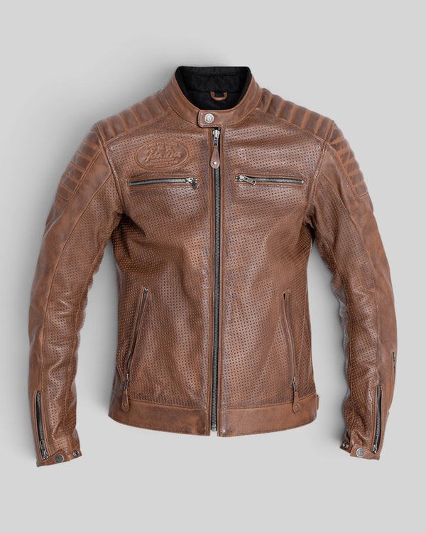 Baffle Haus Storm tobacco perforated leather motorcycle jacket with padded shoulders and YKK zipper details.