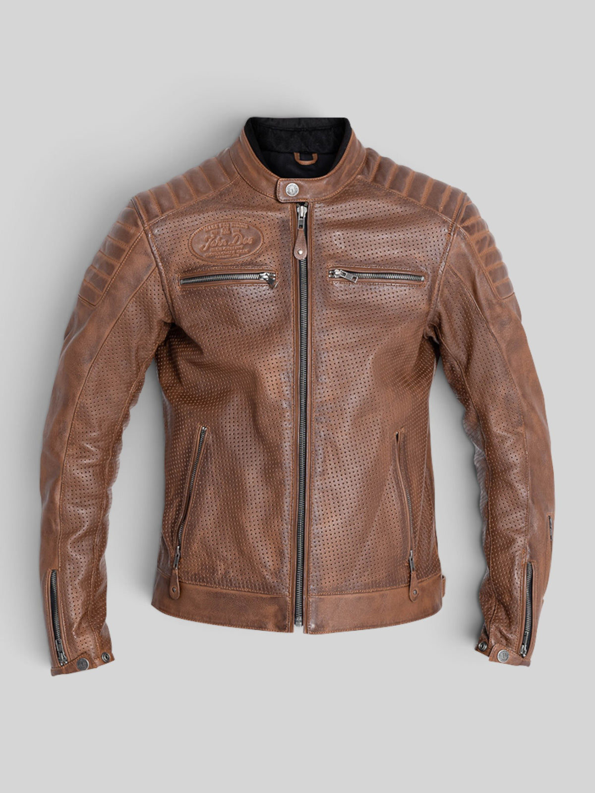 Baffle Haus Storm tobacco perforated leather motorcycle jacket with padded shoulders and YKK zipper details.