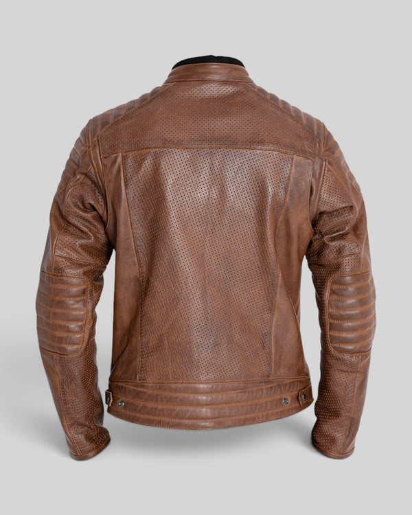 Back view of Baffle Haus Storm tobacco perforated leather motorcycle jacket with padded shoulder and elbow details.