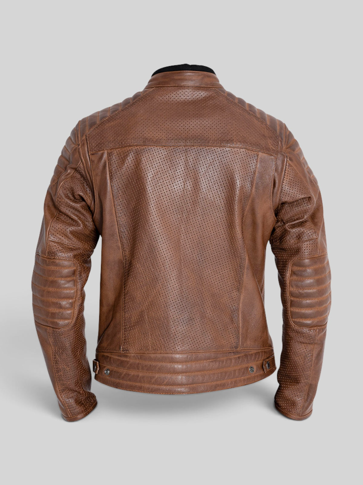 Back view of Baffle Haus Storm tobacco perforated leather motorcycle jacket with padded shoulder and elbow details.