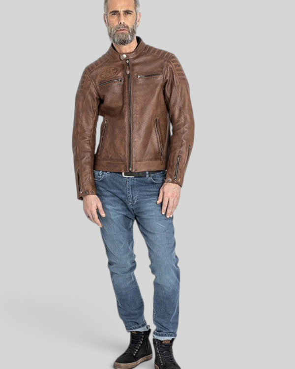 Baffle Haus Storm tobacco perforated leather motorcycle jacket with padded shoulders and zip pockets on a male model