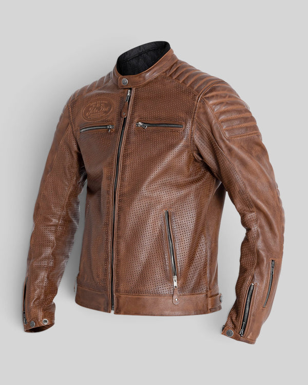 Baffle Haus Storm perforated tobacco leather motorcycle jacket with padded shoulders and YKK zipper details.
