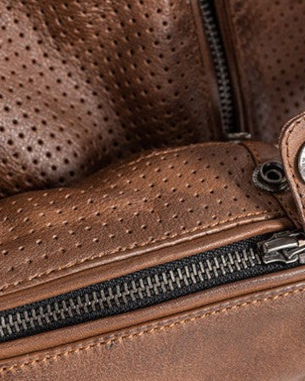 Baffle Haus Storm tobacco brown perforated leather motorcycle jacket with YKK zipper and press-stud detailing