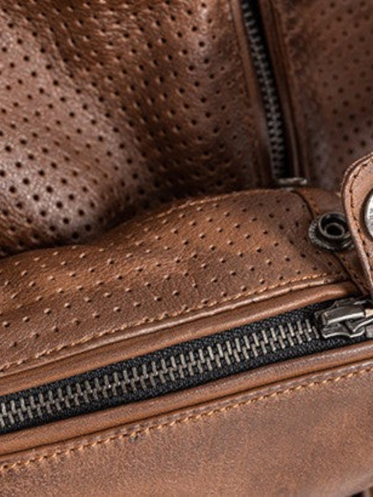 Baffle Haus Storm tobacco brown perforated leather motorcycle jacket with YKK zipper and press-stud detailing