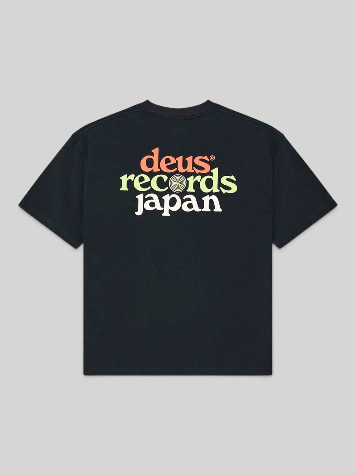 Baffle Haus Strata black oversized t-shirt with colourful Deus Records Japan graphic print on the back