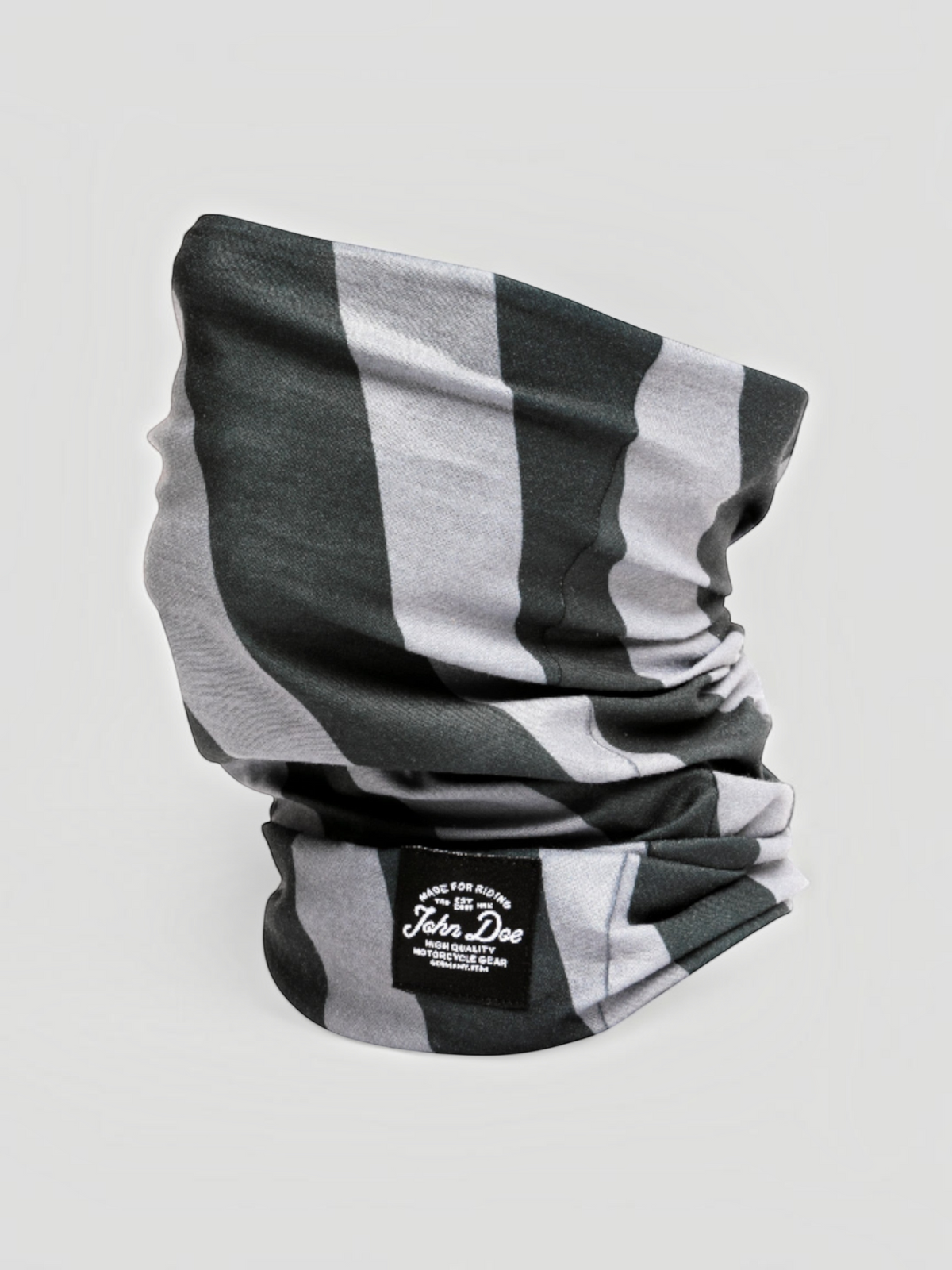Baffle Haus black and grey striped seamless microfiber neck tube with John Doe branding