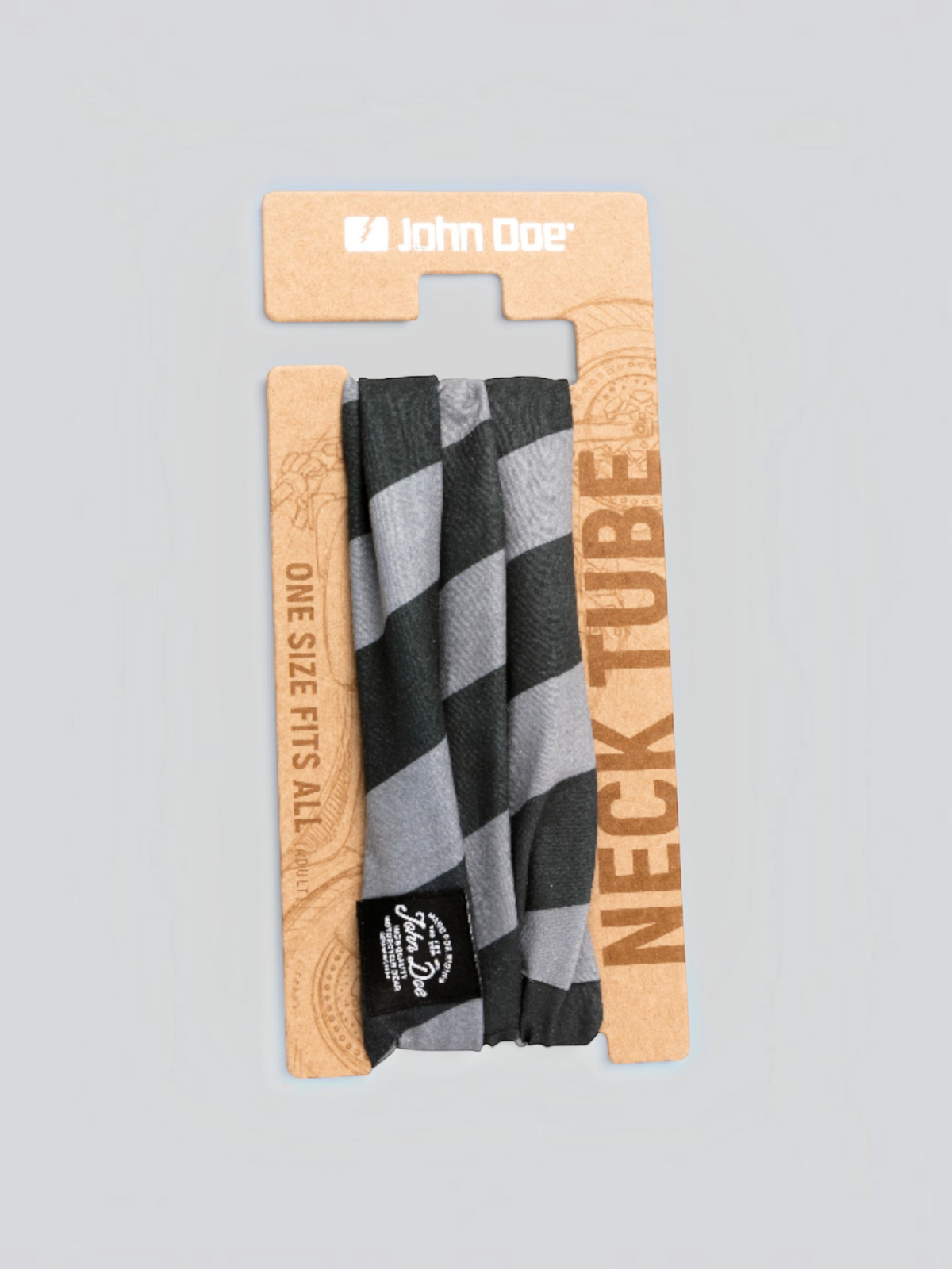 Baffle Haus John Doe striped black and grey seamless microfiber neck tube on cardboard packaging