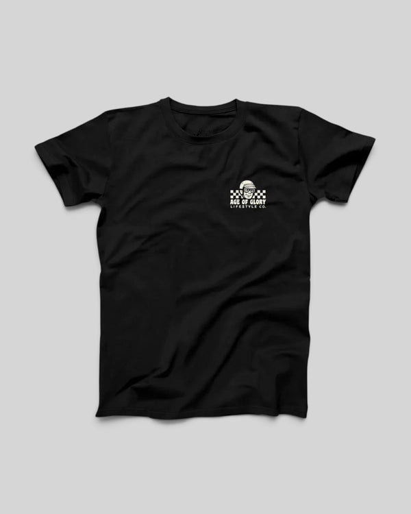 Baffle Haus Sunday Service black cotton t-shirt with white screen printed motocross logo on the chest