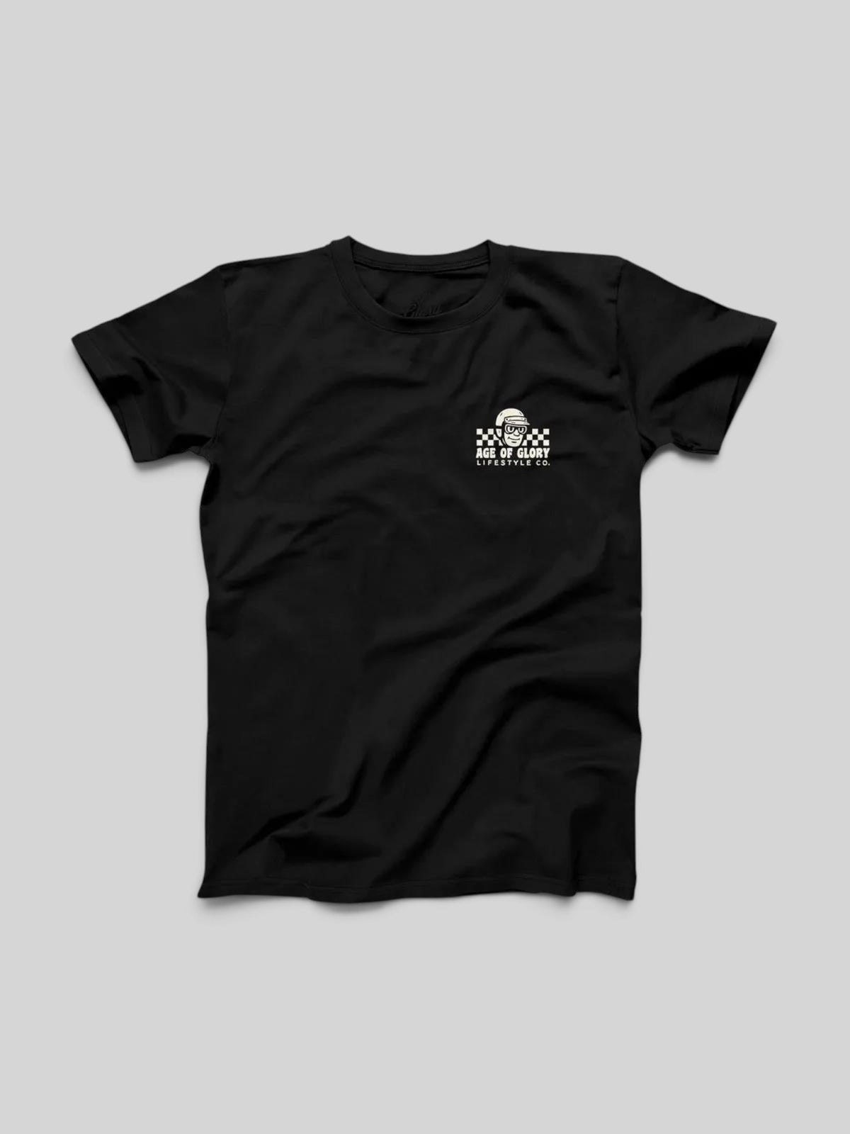 Baffle Haus Sunday Service black cotton t-shirt with white screen printed motocross logo on the chest