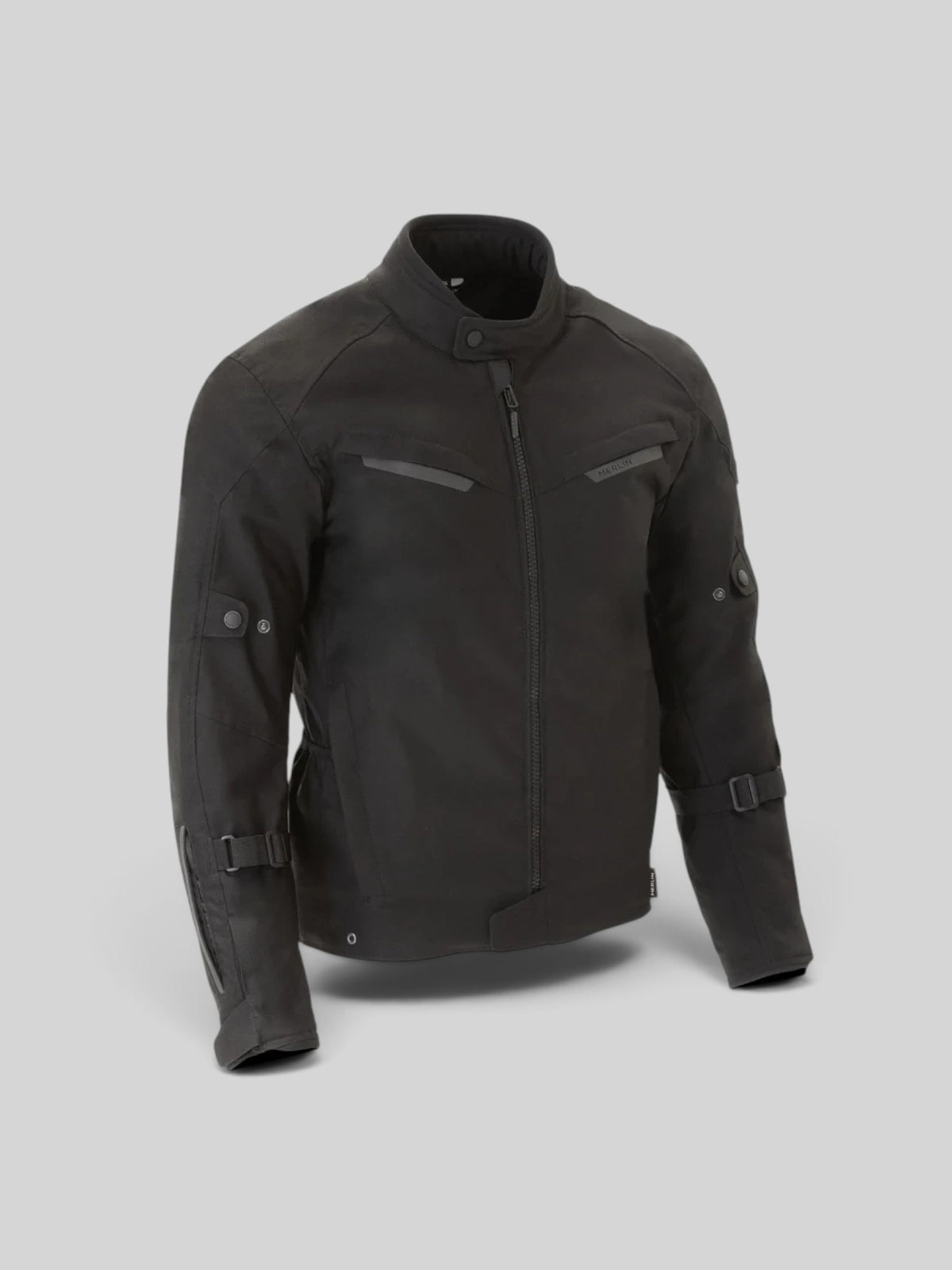 Baffle Haus Taos waterproof motorcycle jacket in black featuring a brushed stretch polyester shell and D3O armour.