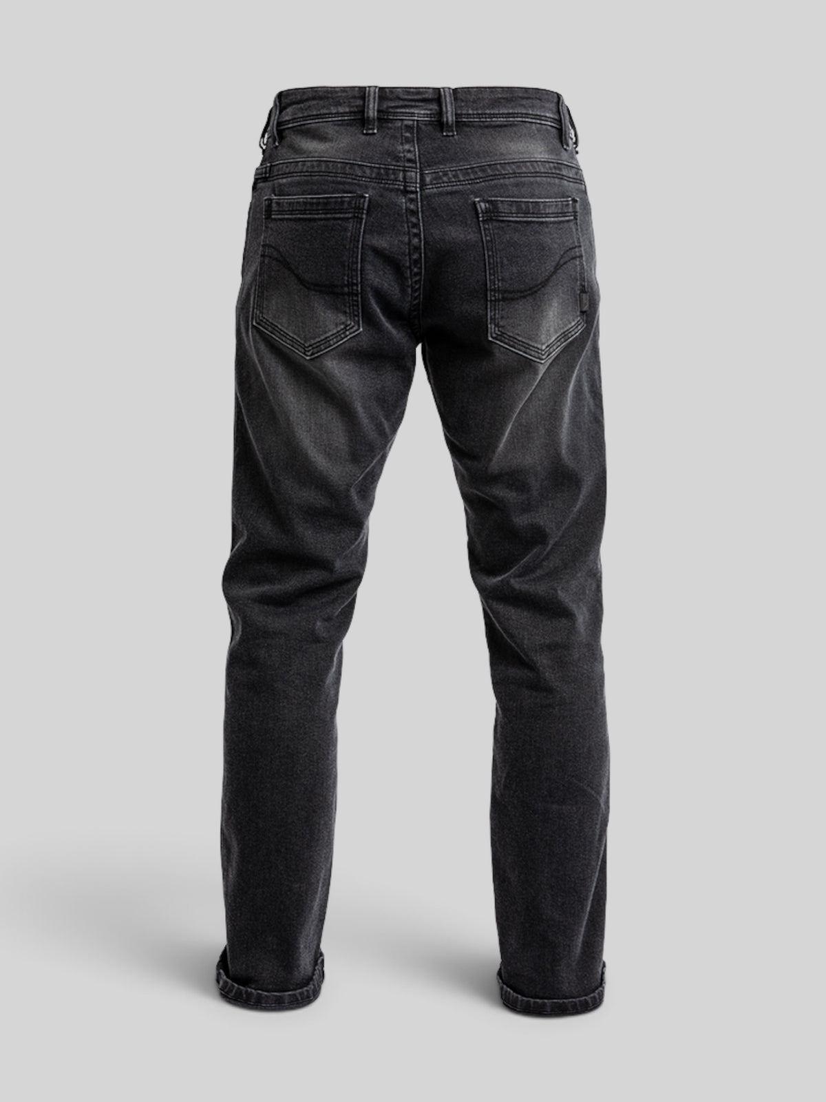 Baffle Haus Taylor black straight-fit motorcycle jeans with five-pocket construction and cuffed hems, back view.