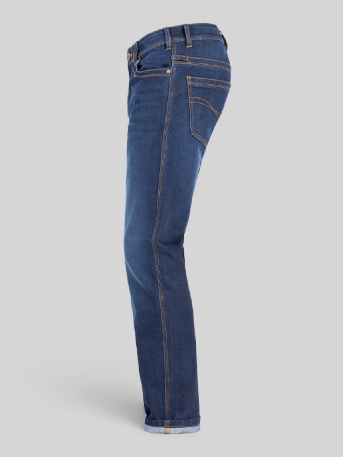 Baffle Haus Taylor dark blue motorcycle jeans with protective XTM-Fiber denim in a straight fit side profile view