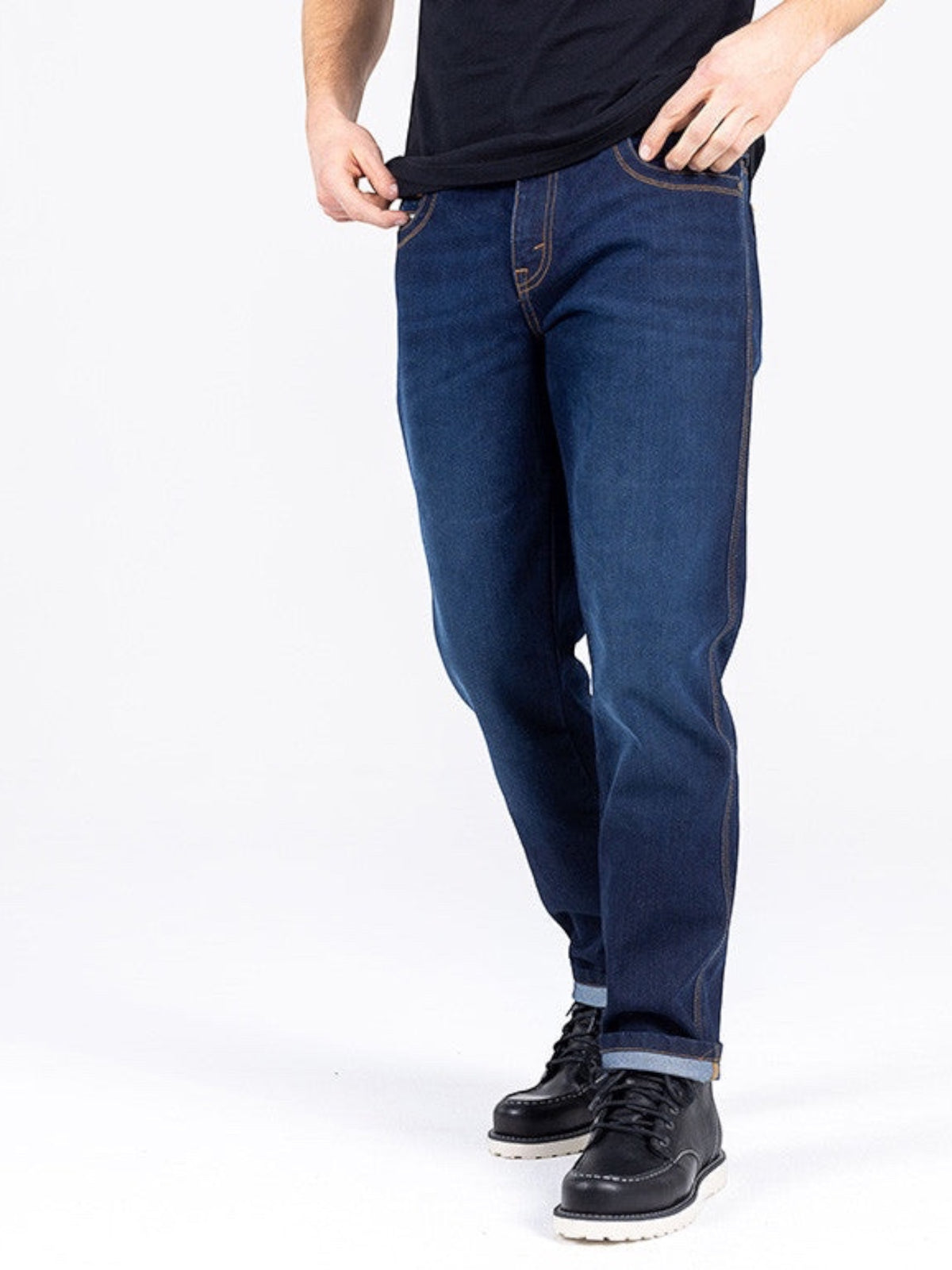Baffle Haus Taylor dark blue motorcycle jeans with protective XTM-Fiber stretch denim in a classic straight fit.