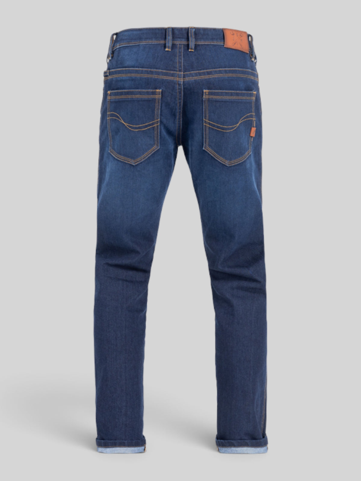 Baffle Haus Taylor dark blue motorcycle jeans with classic five-pocket design and stretch denim fabric, back view.