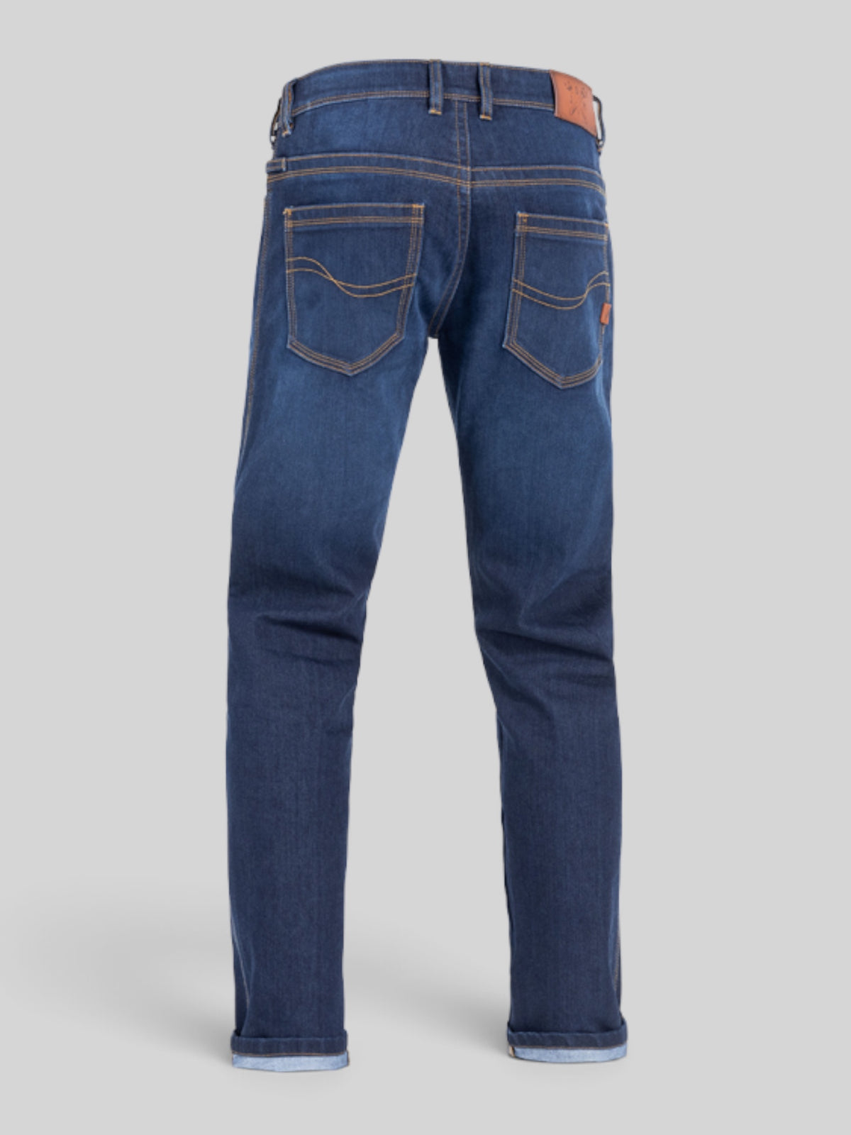 Baffle Haus Taylor dark blue motorcycle jeans with classic five-pocket design and straight leg fit, rear view.