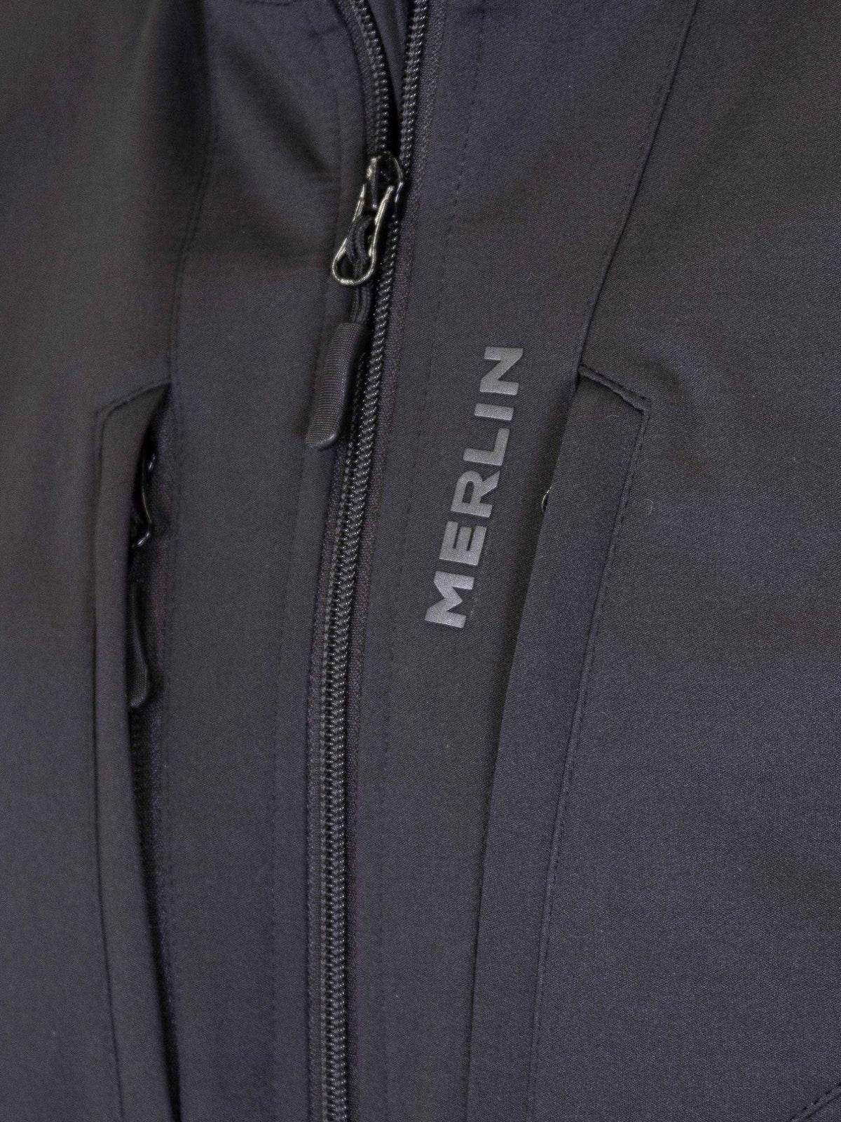 Baffle Haus Thermavolt heated jacket in black featuring a Merlin branded chest pocket and durable zipper detail.