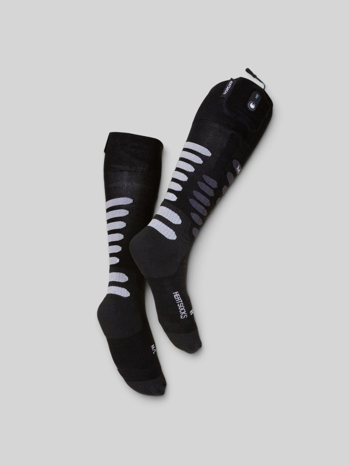 Baffle Haus Thermavolt black heated socks with micro carbon fibre panels for motorcycle riding and cold weather.