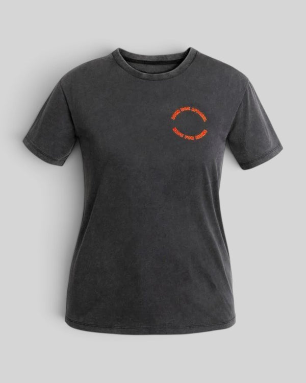 Baffle Haus Tiger II women's relaxed fit t-shirt in fade out black organic cotton with front chest logo emblem