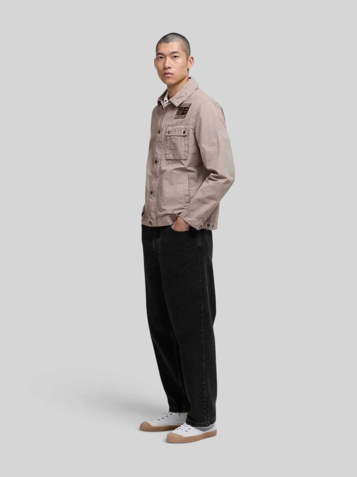 Baffle Haus Barbour International casual jacket in timberwolf beige with chest pocket and Steve McQueen patch.
