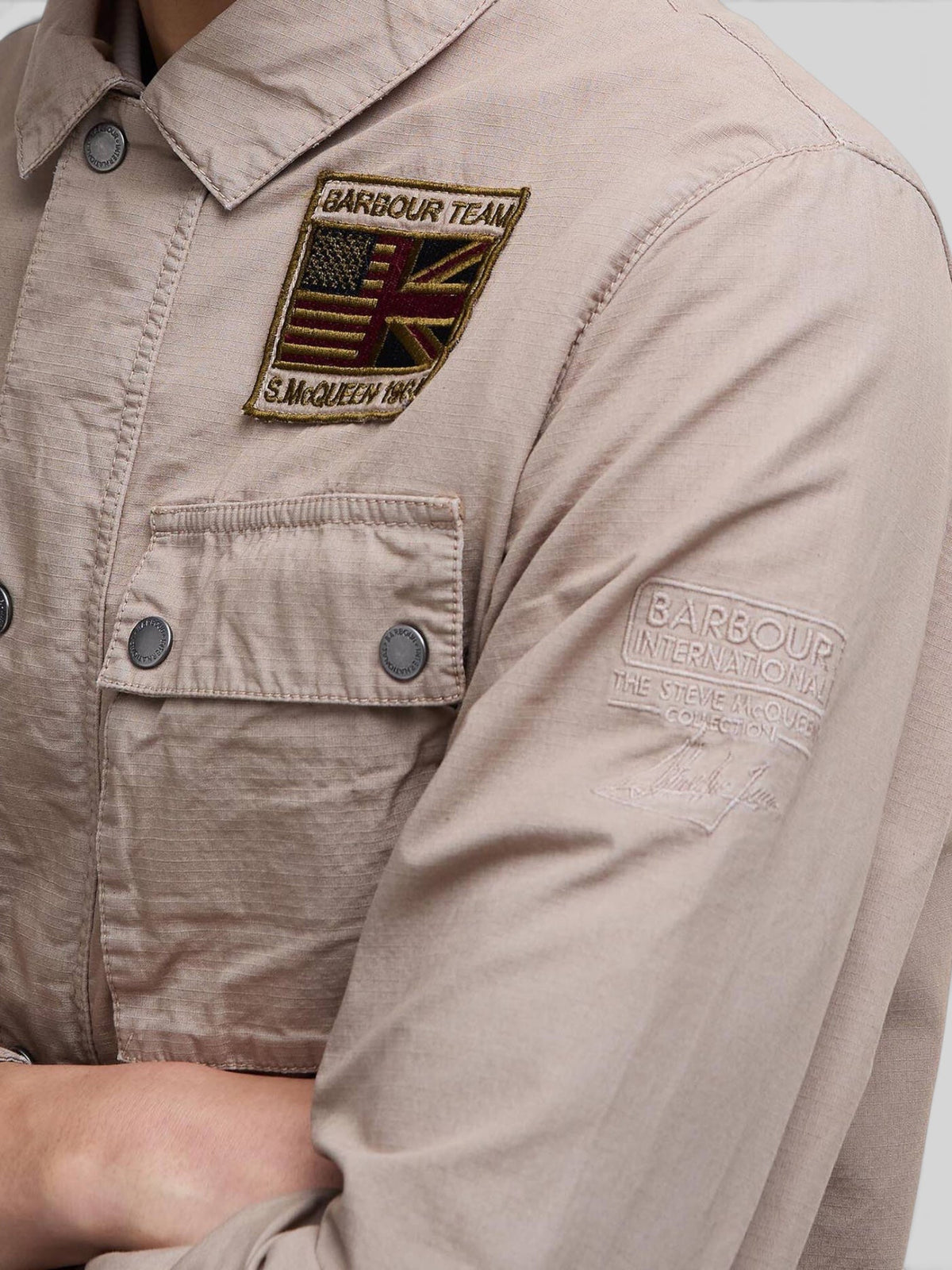 Baffle Haus Barbour International Steve McQueen timberwolf casual jacket with embroidered patches and chest pocket