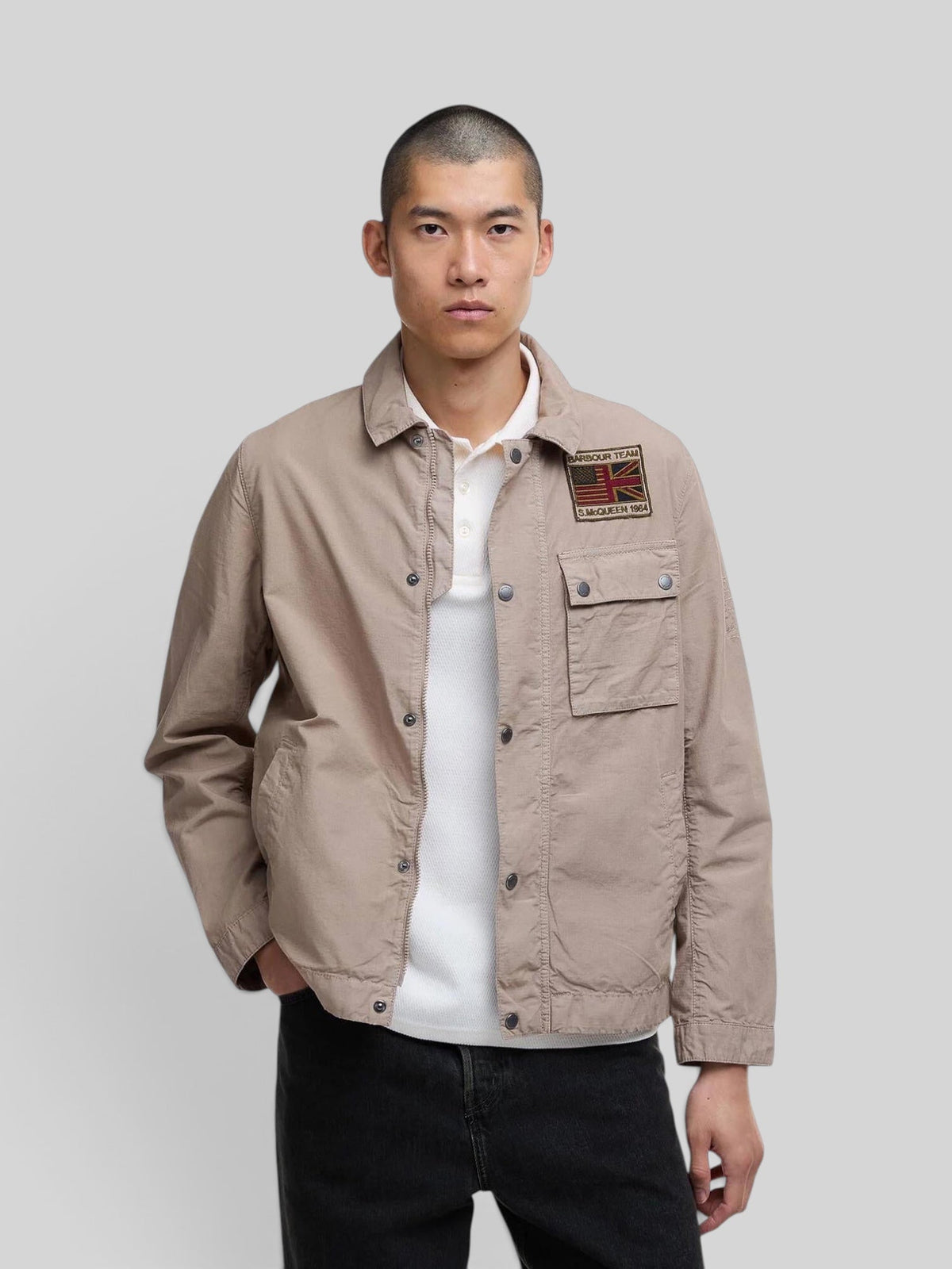 Baffle Haus Barbour International Workers casual jacket in timberwolf beige with Steve McQueen chest patch