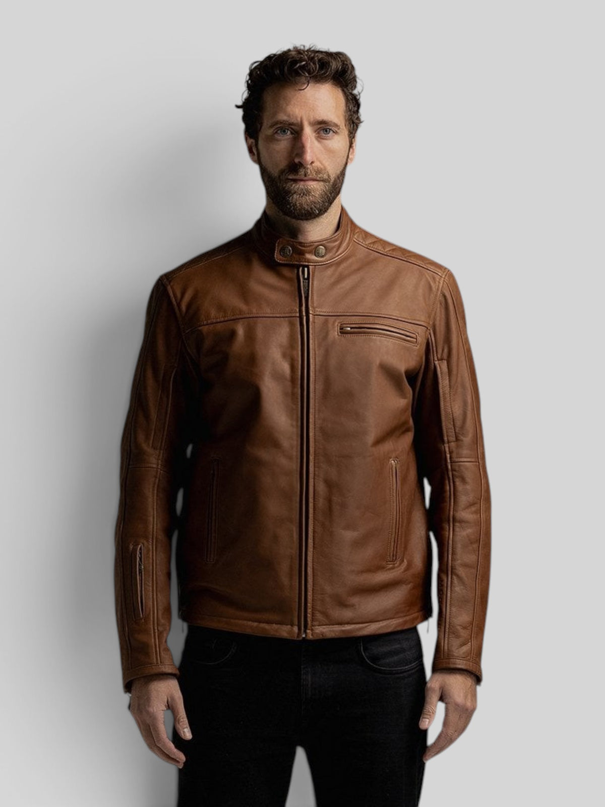 Baffle Haus Motone Revolver tobacco brown full-grain cowhide leather motorcycle jacket with antique brass hardware