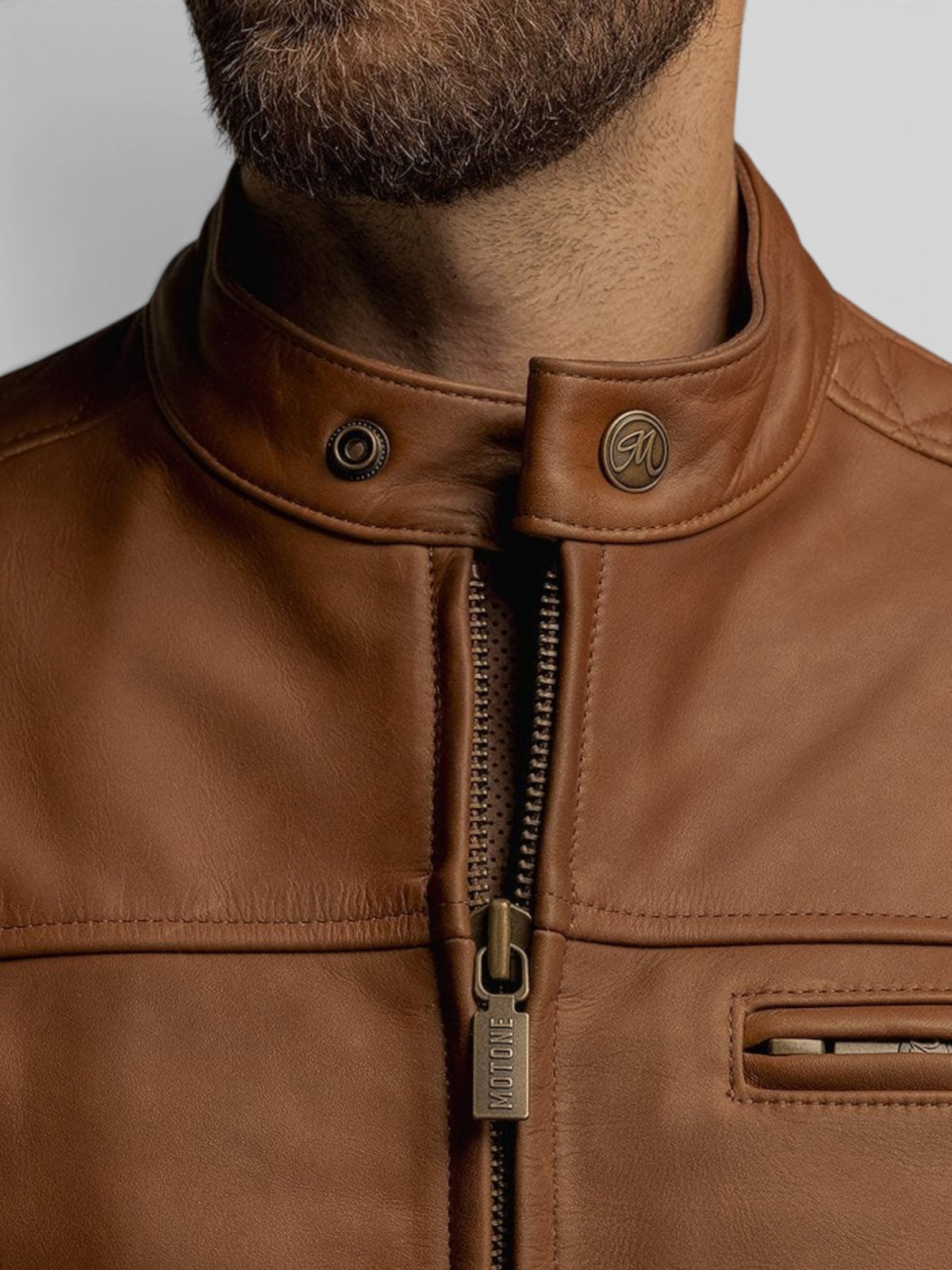 Baffle Haus Motone Revolver tobacco leather motorcycle jacket with antique brass hardware and press stud collar