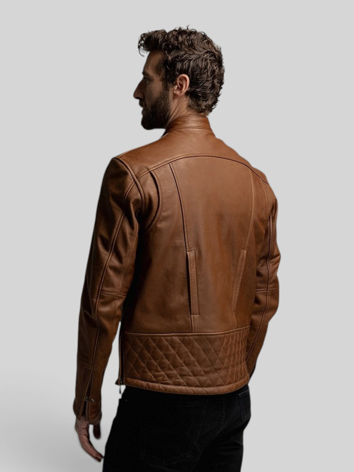 Baffle Haus Motone Revolver tobacco brown cowhide leather riding jacket with diamond-quilted back detail