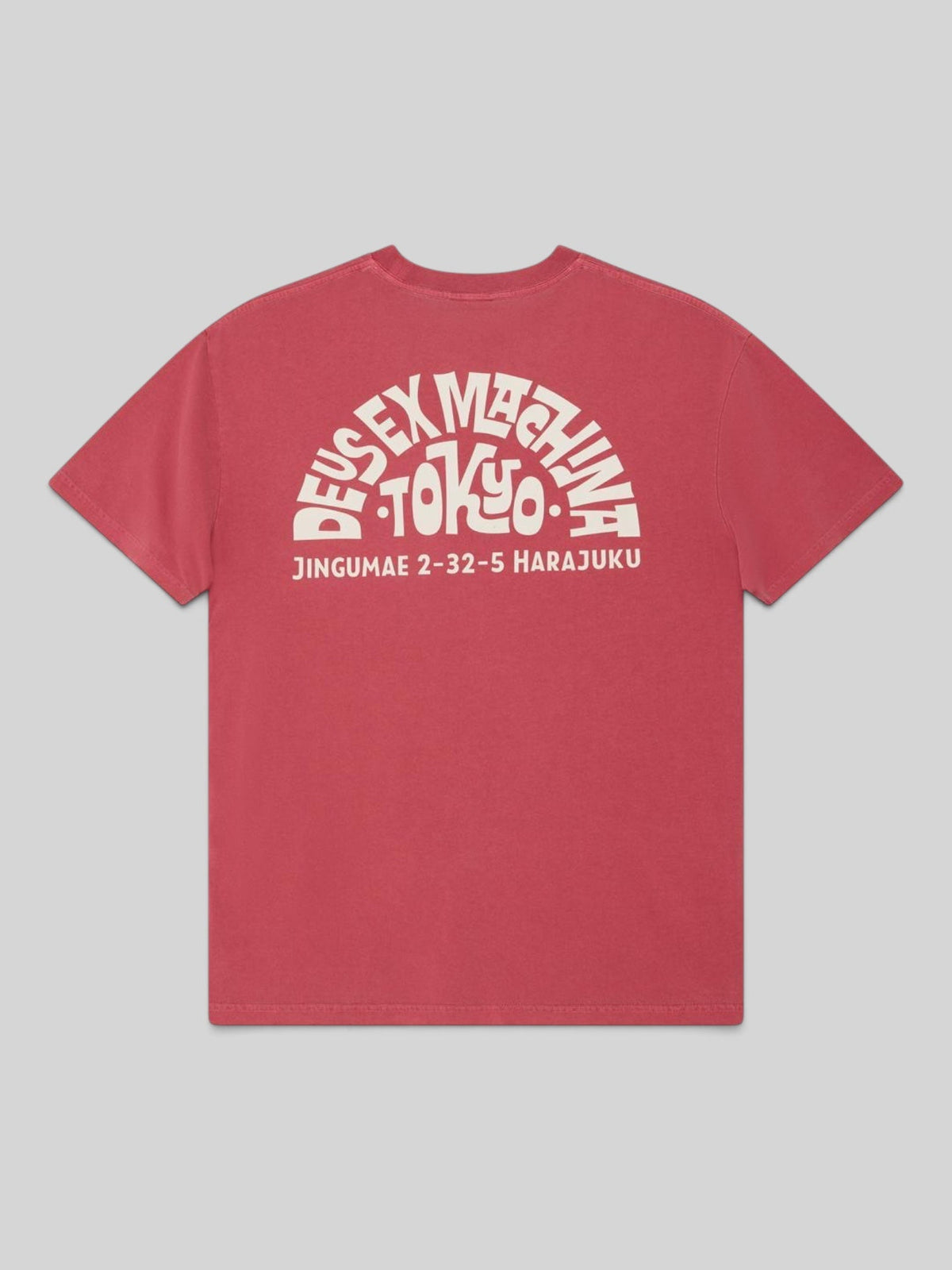 Baffle Haus Tokyo Address loose fit t-shirt in melon red recycled cotton with white graphic print on the back