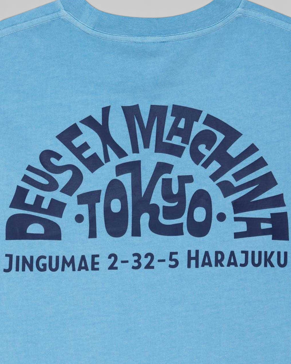 Baffle Haus Tokyo Address t-shirt in Bonnie Blue recycled cotton with dark blue graphic print on the back