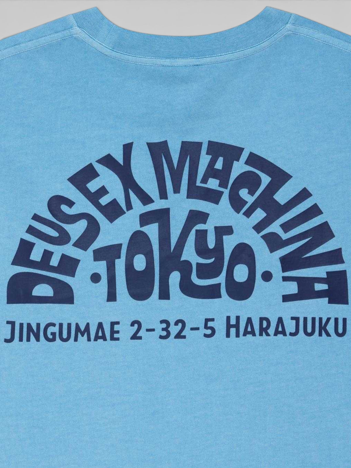 Baffle Haus Tokyo Address t-shirt in Bonnie Blue recycled cotton with dark blue graphic print on the back
