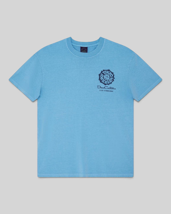 Baffle Haus Tokyo Address Tee in Bonnie Blue recycled cotton jersey with chest graphic print and loose fit