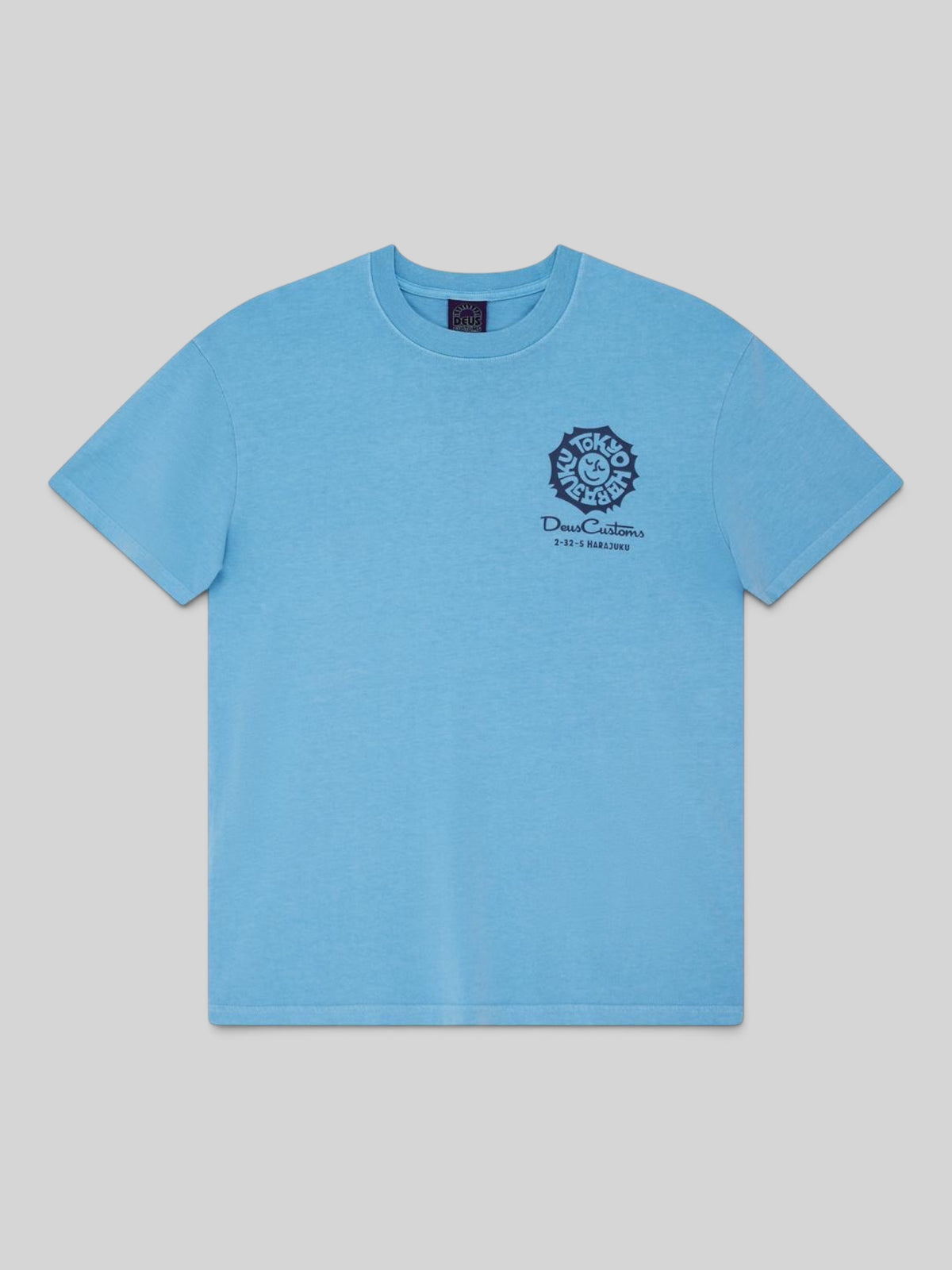 Baffle Haus Tokyo Address Tee in Bonnie Blue recycled cotton jersey with chest graphic print and loose fit