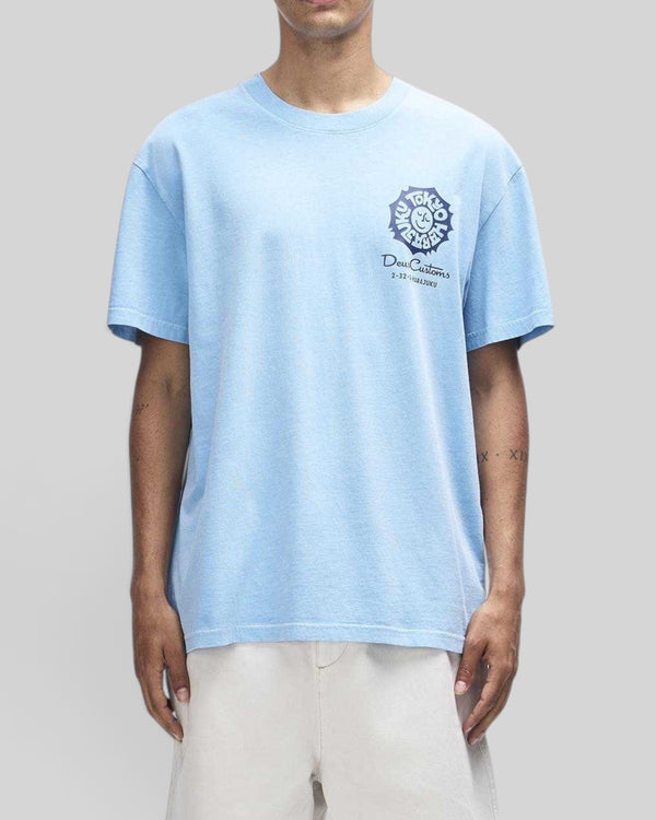 Baffle Haus Tokyo Address Tee in bonnie blue recycled cotton with chest graphic print and loose fit