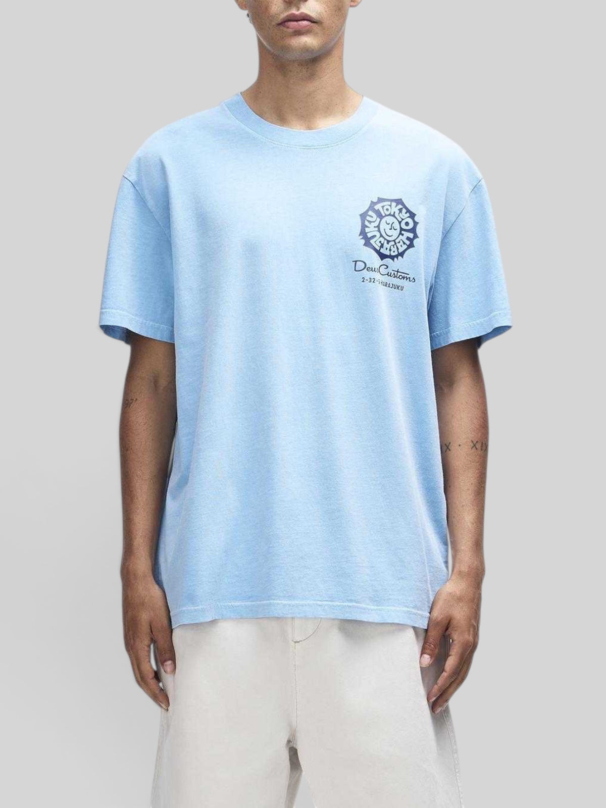 Baffle Haus Tokyo Address Tee in bonnie blue recycled cotton with chest graphic print and loose fit