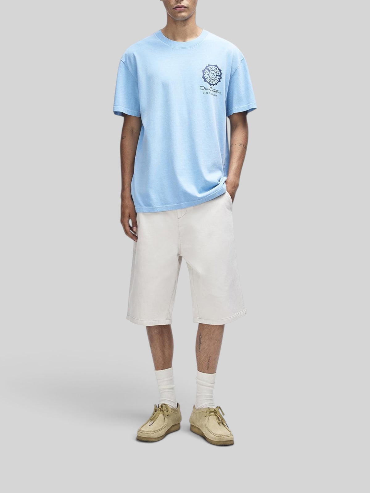 Baffle Haus Tokyo Address Tee in Bonnie Blue, a loose fit recycled cotton t-shirt with chest graphic print.