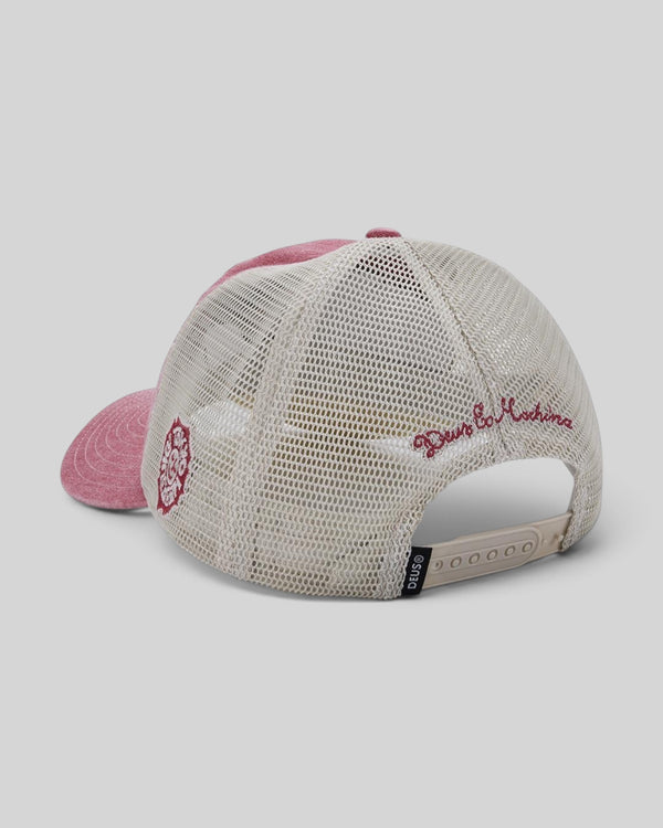 Baffle Haus Tokyo Address trucker hat in melon red with a beige mesh back, snap closure, and side embroidery.