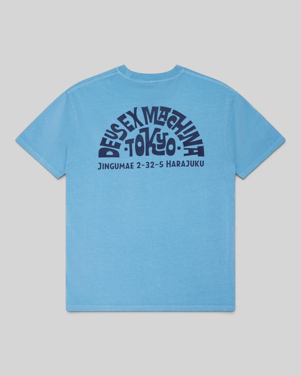 Baffle Haus Tokyo Address Tee in Bonnie Blue recycled cotton with back graphic print in a loose fit style.