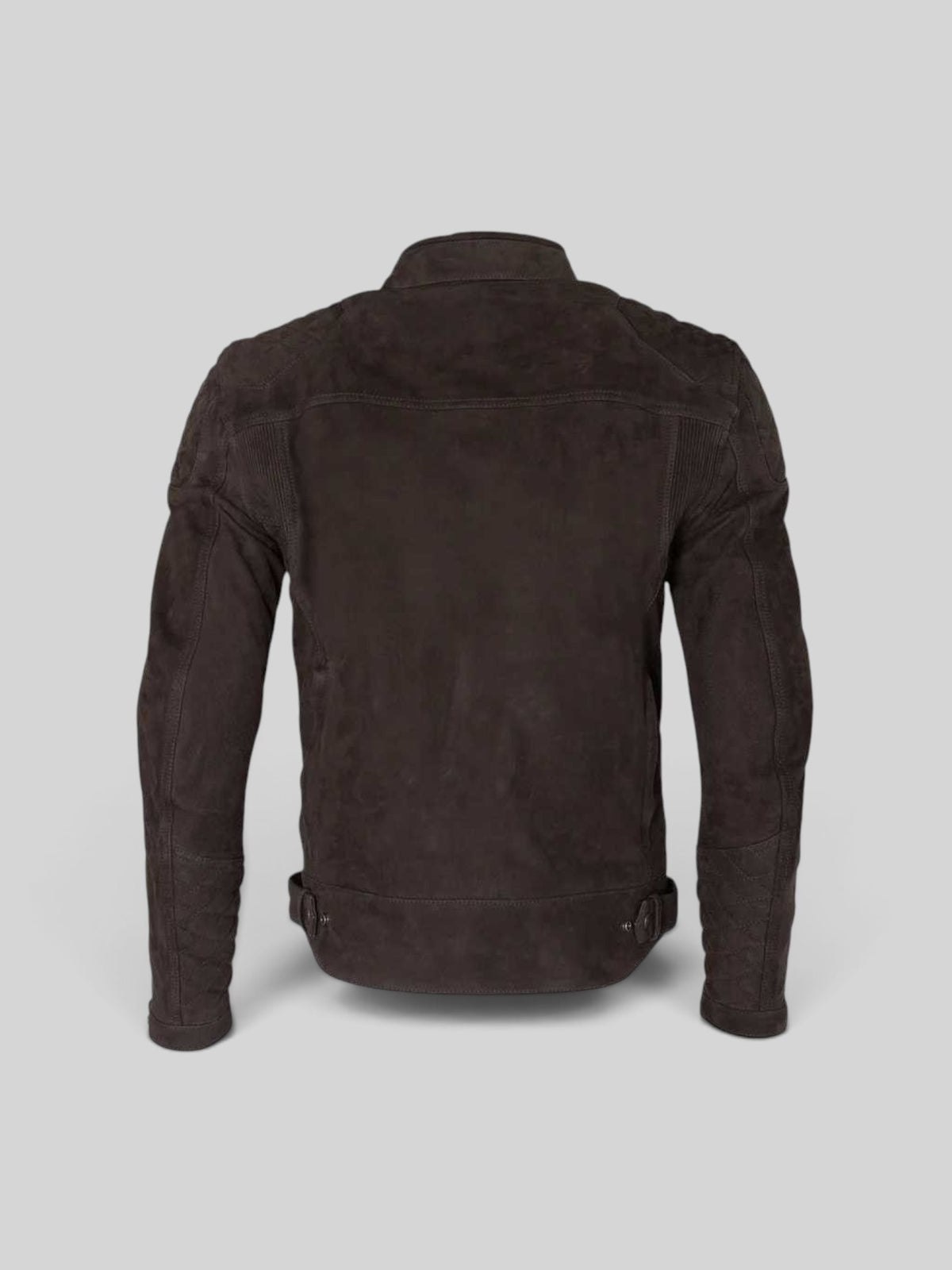 Back view of the black Baffle Haus Torsten TFL D3O leather motorcycle jacket with quilted shoulder detailing.