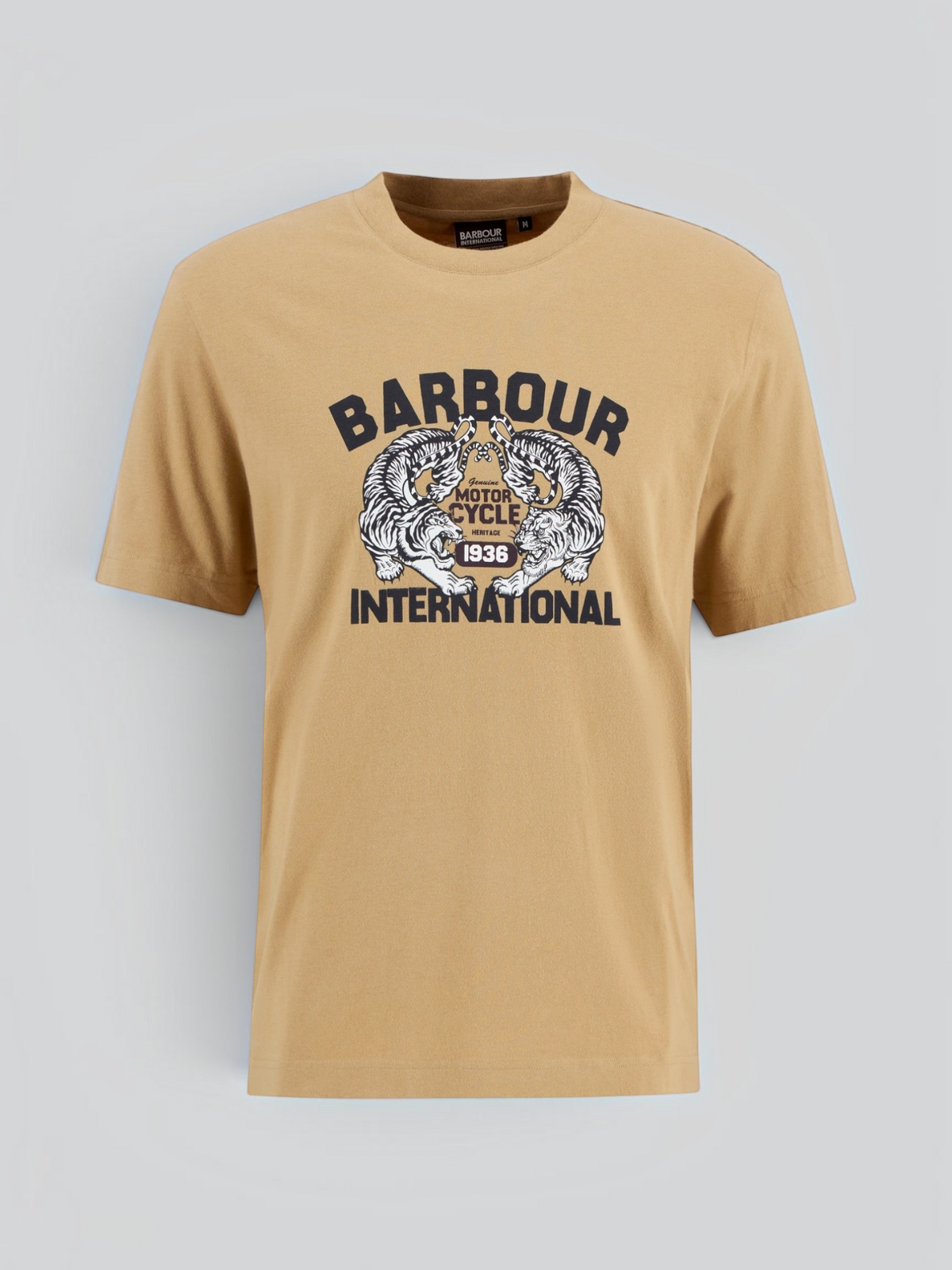 Baffle Haus trench brown cotton t-shirt with Barbour International tiger graphic print and ribbed crew neck