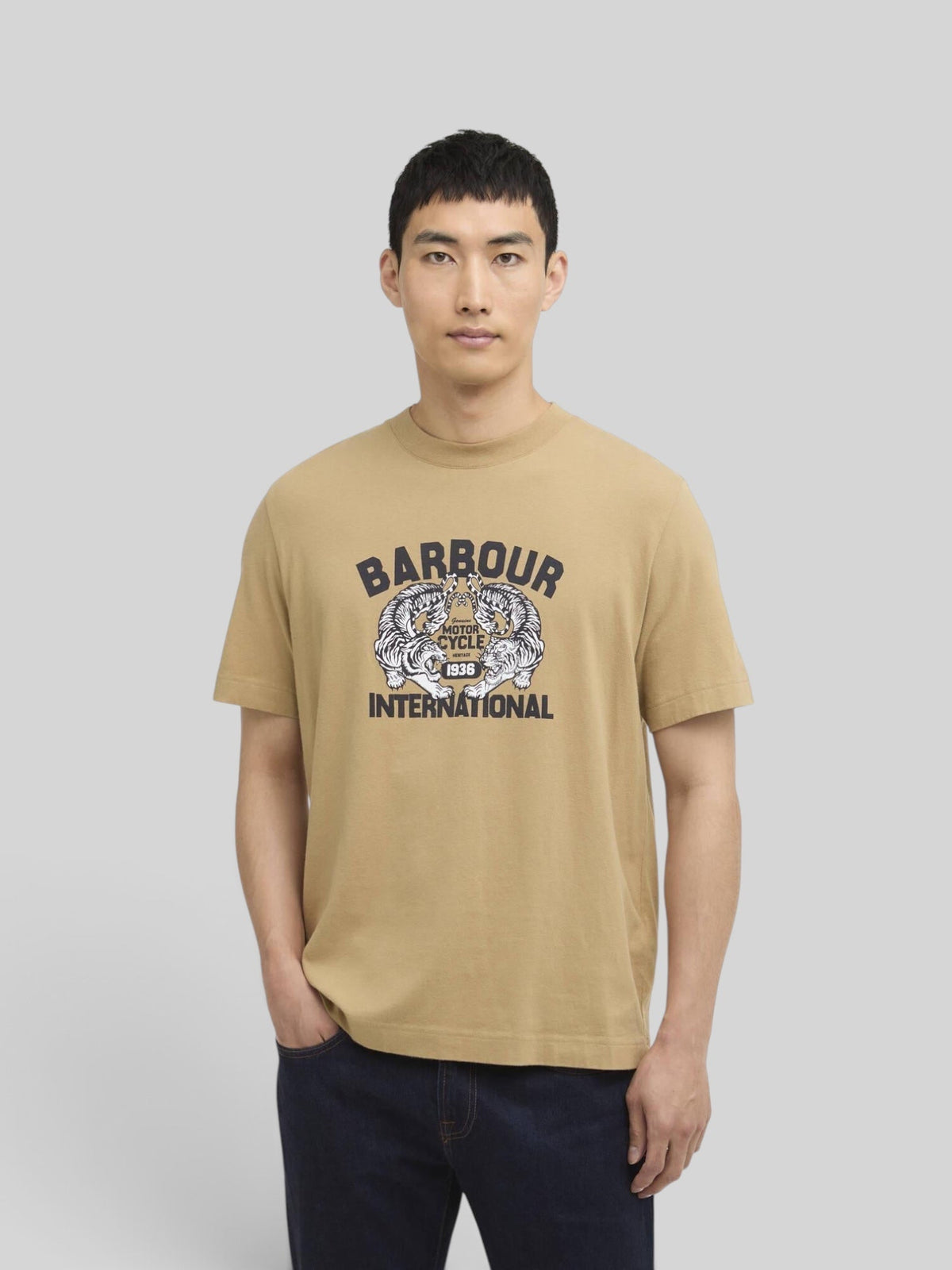 Baffle Haus International Talisman graphic t-shirt in trench beige cotton with a motorcycle-inspired chest print.